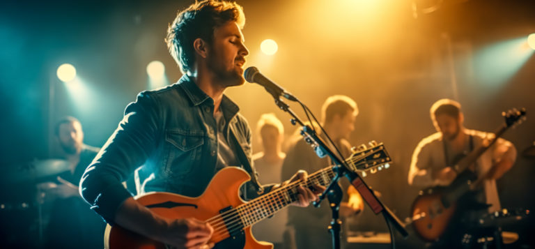 A man is playing a guitar and singing into a microphone. He is wearing a denim jacket and his eyes are closed. A few people are visible in the background who look to be part of his band.